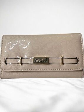 GUESS Jerica Taupe Patent Logo Flap Wallet with Gold Accent